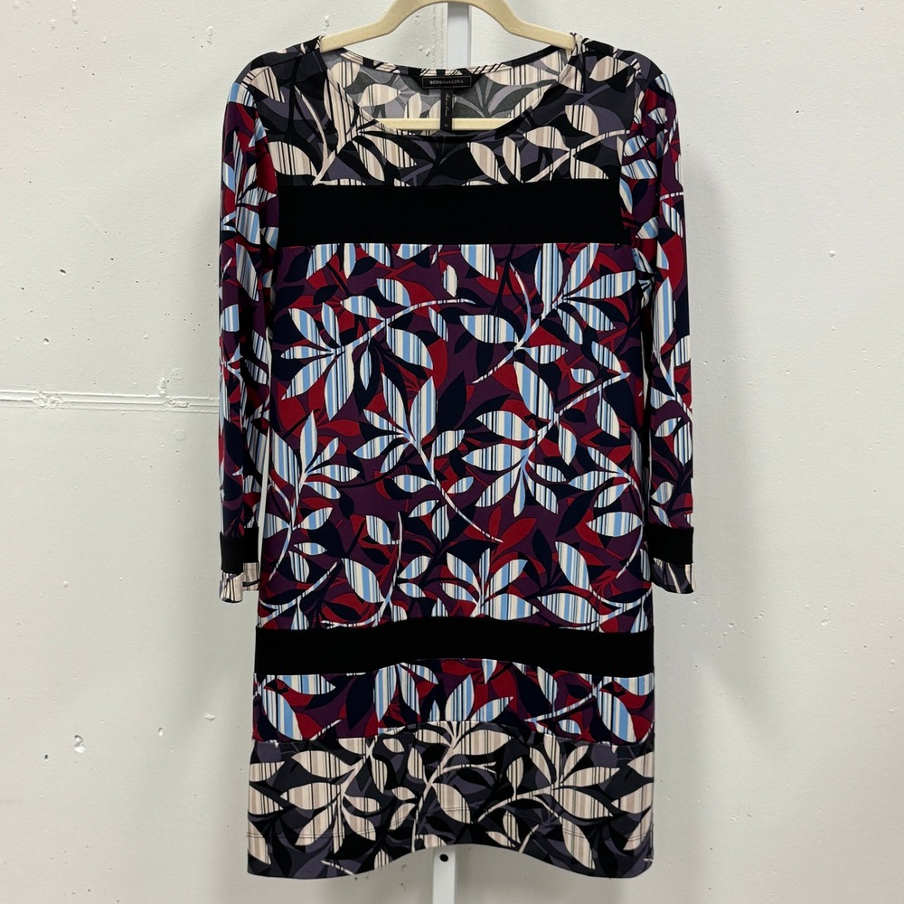 BCBGMAXAZRIA Garnet Floral Leaf‎ Shift Dress 3/4 Sleeve Calico WBA60F04-9J1 Med